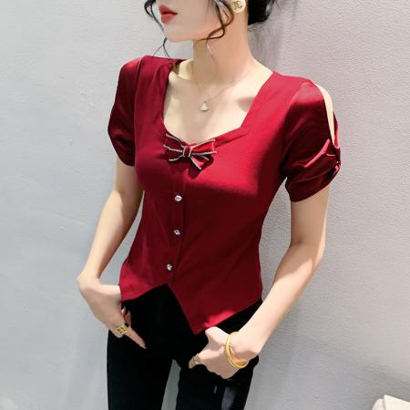 PF1733#夏季新款原创设计别致露肩短袖蝴蝶结钻扣时尚洋气女上衣t恤