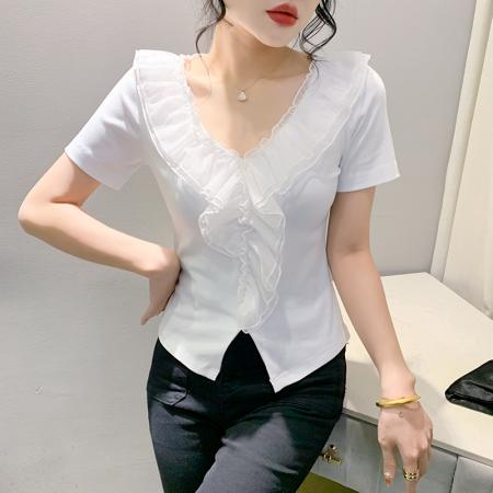 PF1734#夏季上新原创设计款时尚木耳边V领纯色短袖T恤小清新洋气百搭