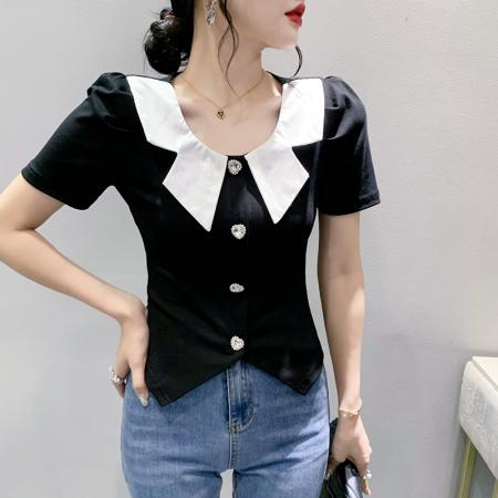 PF1740#新款原创设计经典配色小香风别致女上衣时尚小衫短袖T恤