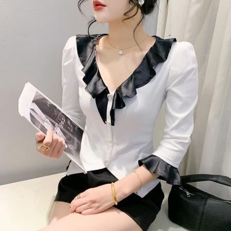 PF1741#新款原创设计V领花边钉珠钻扣经典配色小香风别致时尚小衫