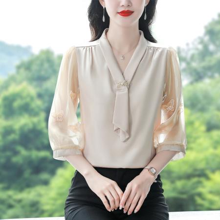 PF1742#年轻妈妈高贵气质雪纺中老年T恤休闲上衣 新款小衫