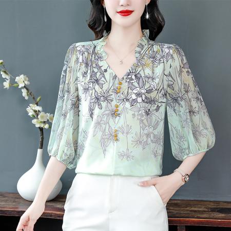 PF1743#印花雪纺衬衫女装 新款洋气灯笼七分袖V领宽松法式上衣