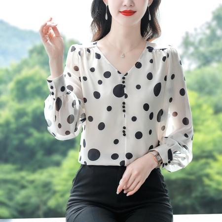 PF1744#波点雪纺衬衫女设计感小众 新款高端长袖V领法式别致上衣