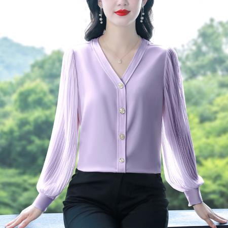 PF1745#V领长袖缎面雪纺衫 新款OL宽松显瘦洋气衬衫