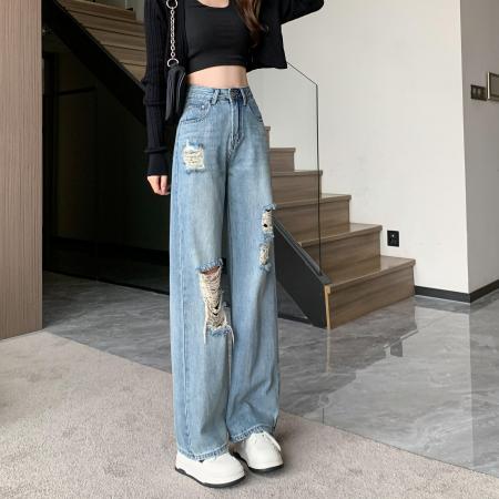 PF1749#原创设计破洞牛仔裤女夏季高腰直筒宽松显瘦流苏阔腿拖地裤