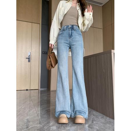 PF1750#时尚浅蓝辣妹宽松喇叭牛仔裤女新款腰带阔腿拖地马蹄裤子微喇