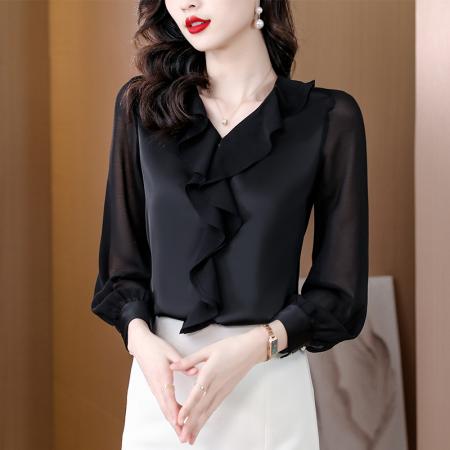 PF1755#高级感雪纺v领衬衫上衣女长袖气质 新款衬衣时尚洋气