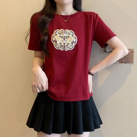 PF1766#新款胖mm大码刺绣新中式短袖T恤女显瘦百搭国风上衣