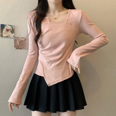 PF1767#新款胖mm大码方领不对称折褶长袖T恤女百搭显瘦上衣