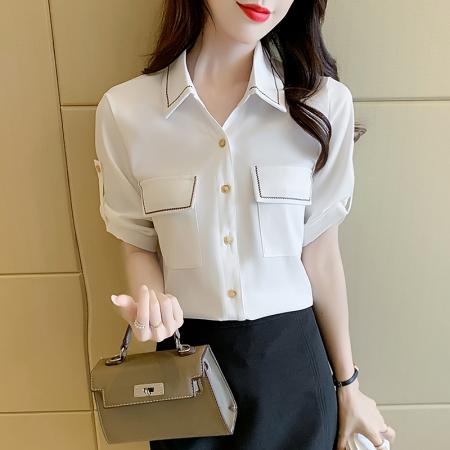 PF1768#新款白色衬衫女短袖别致设计感法式时尚百搭雪纺衫