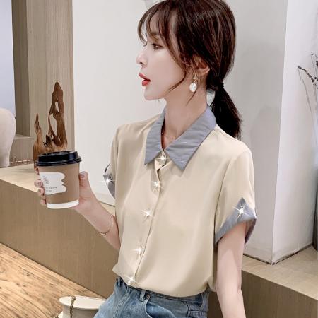 PF1770#拼色短袖雪纺衫衬衫女薄款2024夏季韩版宽松洋气小衫上衣