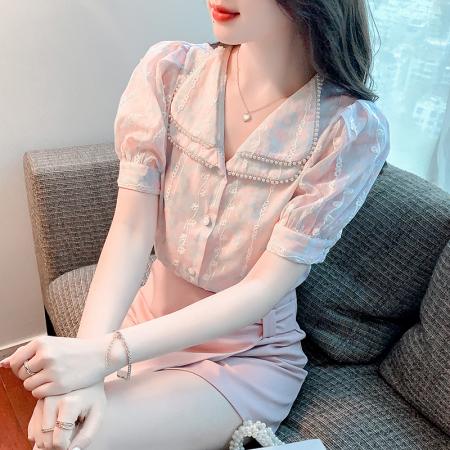 PF1772#夏季新款刺绣法式泡泡袖蕾丝雪纺上衣女设计感小众衬衫