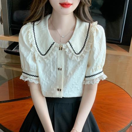 PF1773#娃娃领短袖雪纺衬衫女 新款减龄时尚洋气别致蕾丝小衫