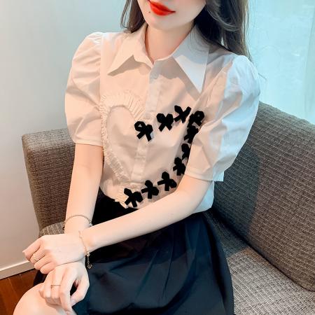 PF1776#短袖衬衫女 新款夏季高级感时尚气质蝴蝶结泡泡袖上衣