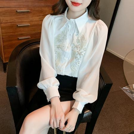 PF1777#钉珠刺绣POLO领锻面衬衫女设计感洋气雪纺衬衣上衣