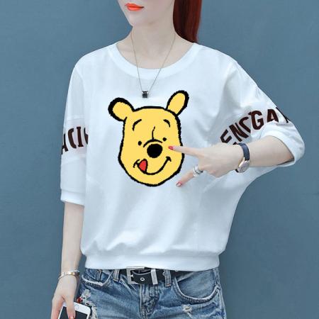 PF1781#纯棉短袖t恤女小熊夏半袖上衣蝙蝠衫宽松休闲上衣百搭五分袖体恤