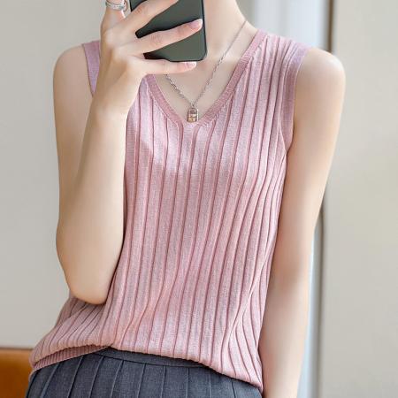 PF1782#无袖背心宽松宽肩带西装内搭显瘦V领吊带上衣冰丝曲珠针织打底衫