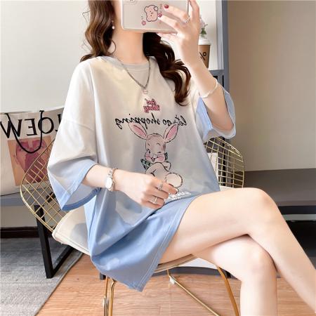 PF1792#炸街抖音质量棉质短袖t恤女夏中长潮新款圆领上衣大码女装