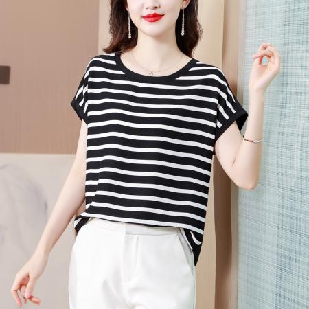 PF1793#夏季新款冰丝宽松短袖女 凉爽T恤 大码条纹圆领 半袖韩版