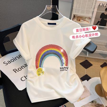 PF1794#高端大牌短袖T恤女设计感女小众修身洋气减龄圆领撞色短款上衣bm