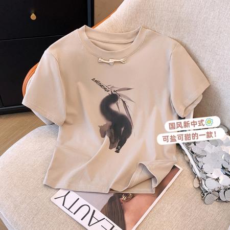 PF1796#新款国风复古正肩短袖t恤女旗袍立领新中式上衣