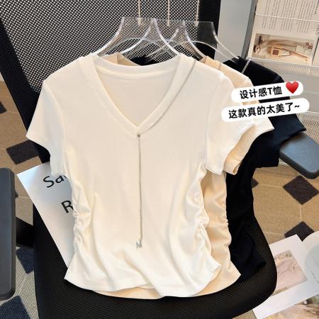 PF1797#新款欧货V领褶皱白色T恤女短袖洋气百搭薄款半袖体恤上衣