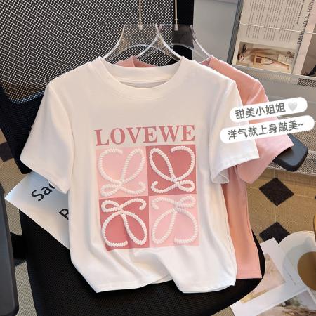 PF1799#夏季新款印花白色T恤女短袖设计感小众短款小个子薄款上衣潮