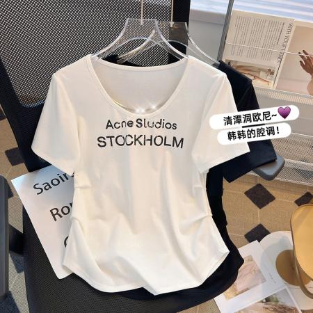 PF1800#ins韩版印花带链条U领短袖T恤 夏季时尚洋气休闲褶皱体恤潮