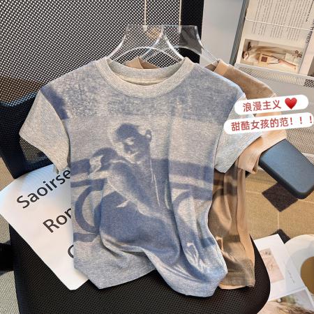 PF1801#春夏芭蕾舞人物印花辣妹百搭修身显瘦圆领短袖T恤女