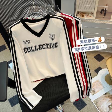 PF1803#美式运动条纹长袖t恤女早秋装辣妹v领短款垫肩上衣修身打底衫内搭