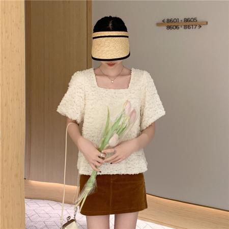 PF1804#气质方领泡泡袖蕾丝衫设计感小众甜美仙气宽松短袖上衣