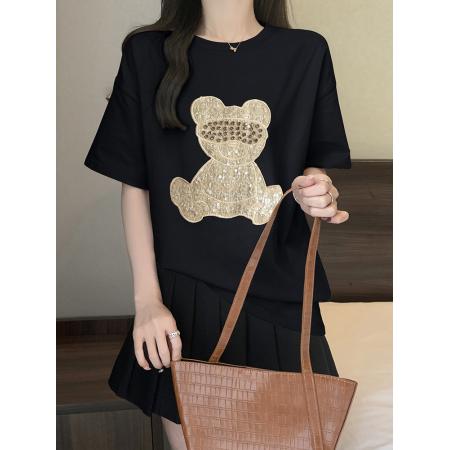 PF1806#大码胖mm2024潮牌正肩黑色短袖T恤女夏季重工烫钻中长款宽松体恤