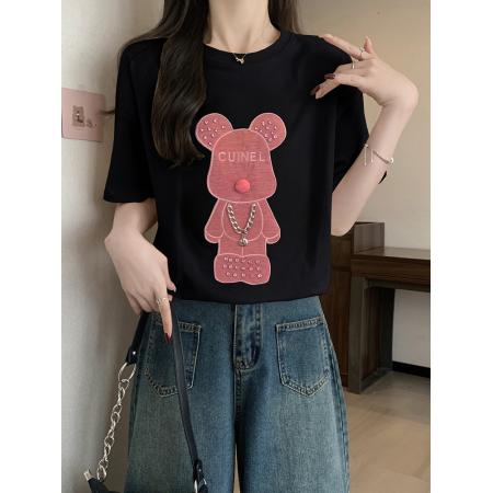 PF1807#大码胖mm2024欧洲站时尚重工钉珠暴力熊T恤女新款加厚显瘦上衣潮