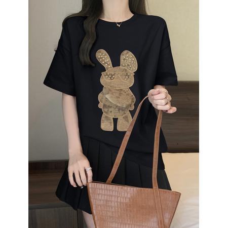 PF1809#大码胖mm2024春夏新款大版中长款重磅潮牌T恤短袖女欧货重工洋气