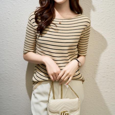 PF1811#新款遮肚子显瘦条纹打底衫女大码减龄百搭冰丝短袖女t恤