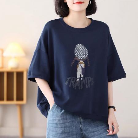 PF1813#圆领短袖T恤女简约印花宽松显瘦休闲百搭韩版大码中袖打底