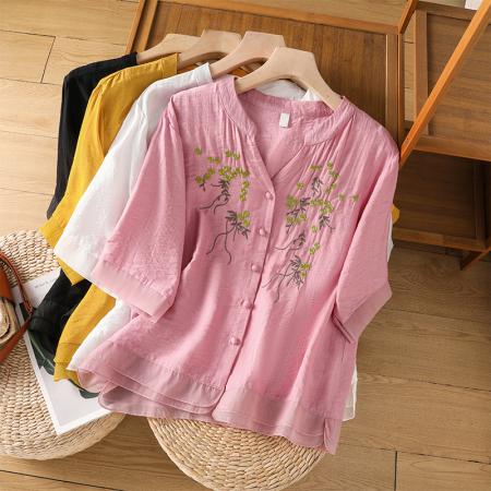 PF1830#新款新中式国风刺绣棉麻上衣衬衫女