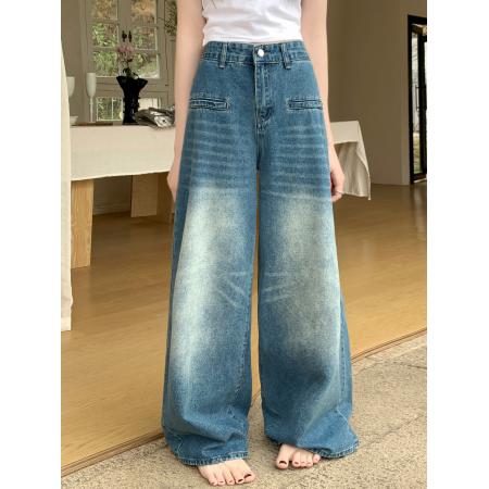 PF1831#大码  水洗做旧阔腿牛仔裤女高腰直筒宽松显瘦百搭坠感长裤潮