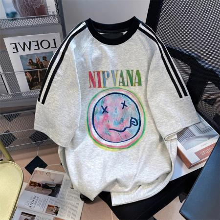 PF1832#纯棉插肩款宽松印花三条杠条纹短袖t恤女