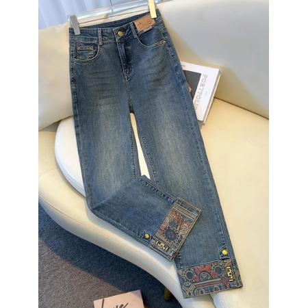 PF1840#直筒牛仔裤女春夏 新款高腰百搭梨型身材小个子拼接九分烟管裤