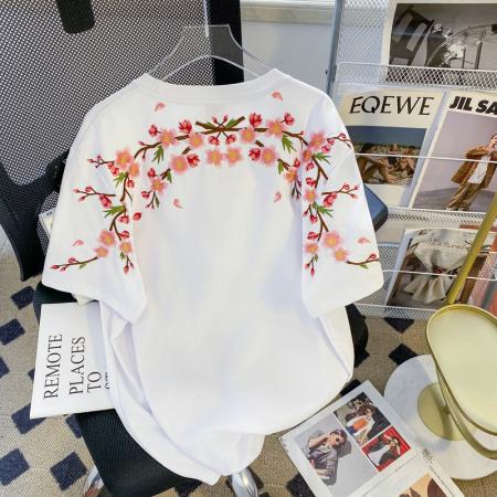 PF1842#纯棉后包领特大码300斤重工刺绣小众正肩短袖t恤女