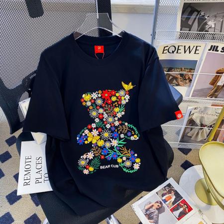 PF1847#纯棉后包领特大码300斤重工刺绣小众正肩短袖t恤女