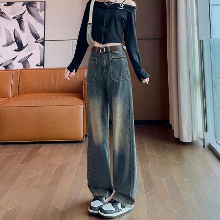 PF1848#直筒牛仔裤女新款复古显瘦宽松高腰阔腿爆款裤子