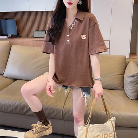 PF1849#短袖T恤女ins2024夏季韩版新款Polo领设计感刺绣宽松大码上衣