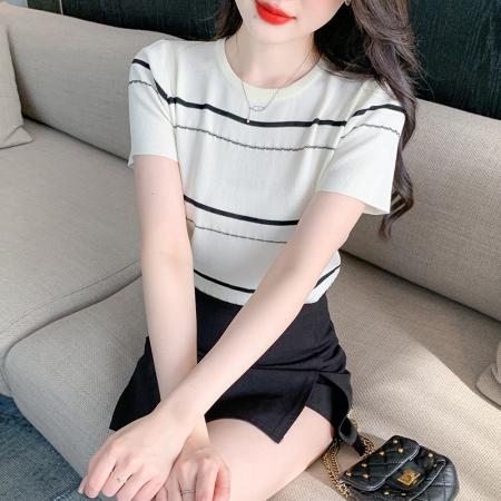 PF1850#夏季新款百搭休闲套头圆领条纹短袖T恤洋气显瘦上衣