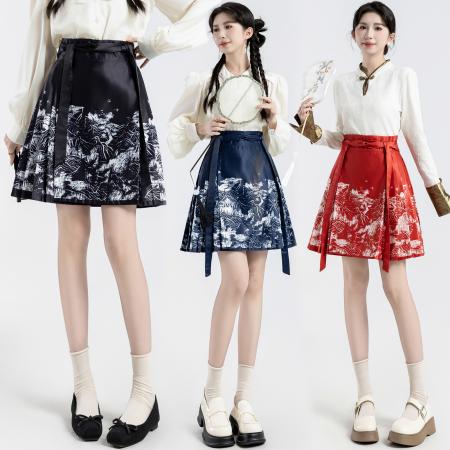 PF1858#新中式国风马面短裙女夏季高腰时尚设计感遮胯百褶改良汉服半身裙
