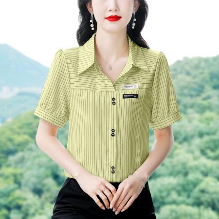 PF1860#夏装新款 polo领短袖条纹衬衫女休闲洋气减龄雪纺开衫上衣潮