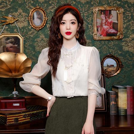 PF1861#中国风刺绣网纱拼接衬衫女春季新中式复古盘扣立领气质马面裙上衣