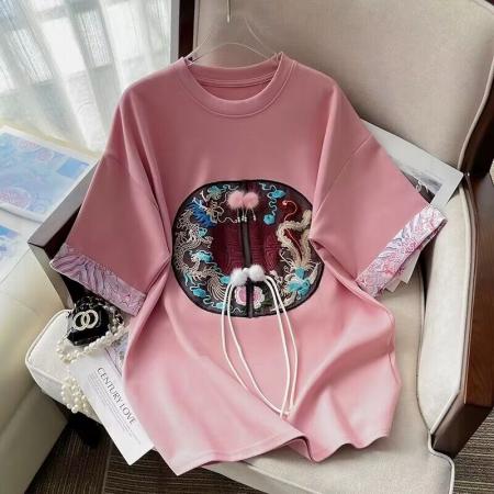 PF1862#重工刺绣拼接马蹄袖国风打底衫女春夏新款新中式盘扣宽松T恤上衣