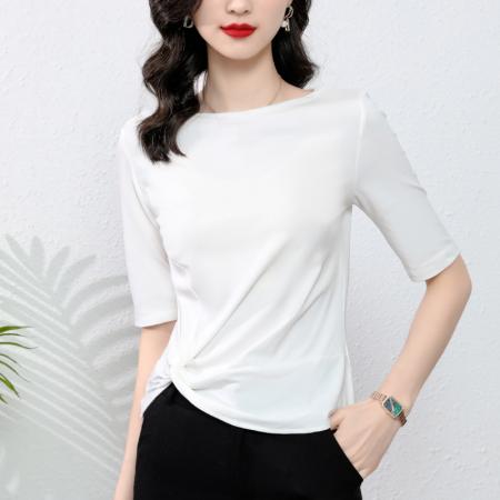 PF1864#中袖t恤女白色 女装一字领半袖体恤黑色别致一字肩上衣